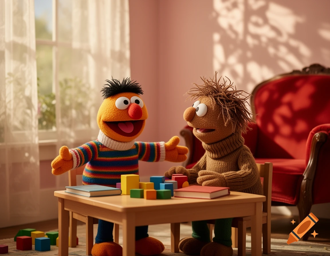 Ernie and a brown puppet playing with colorful building blocks on a wooden table in a sunlit room.