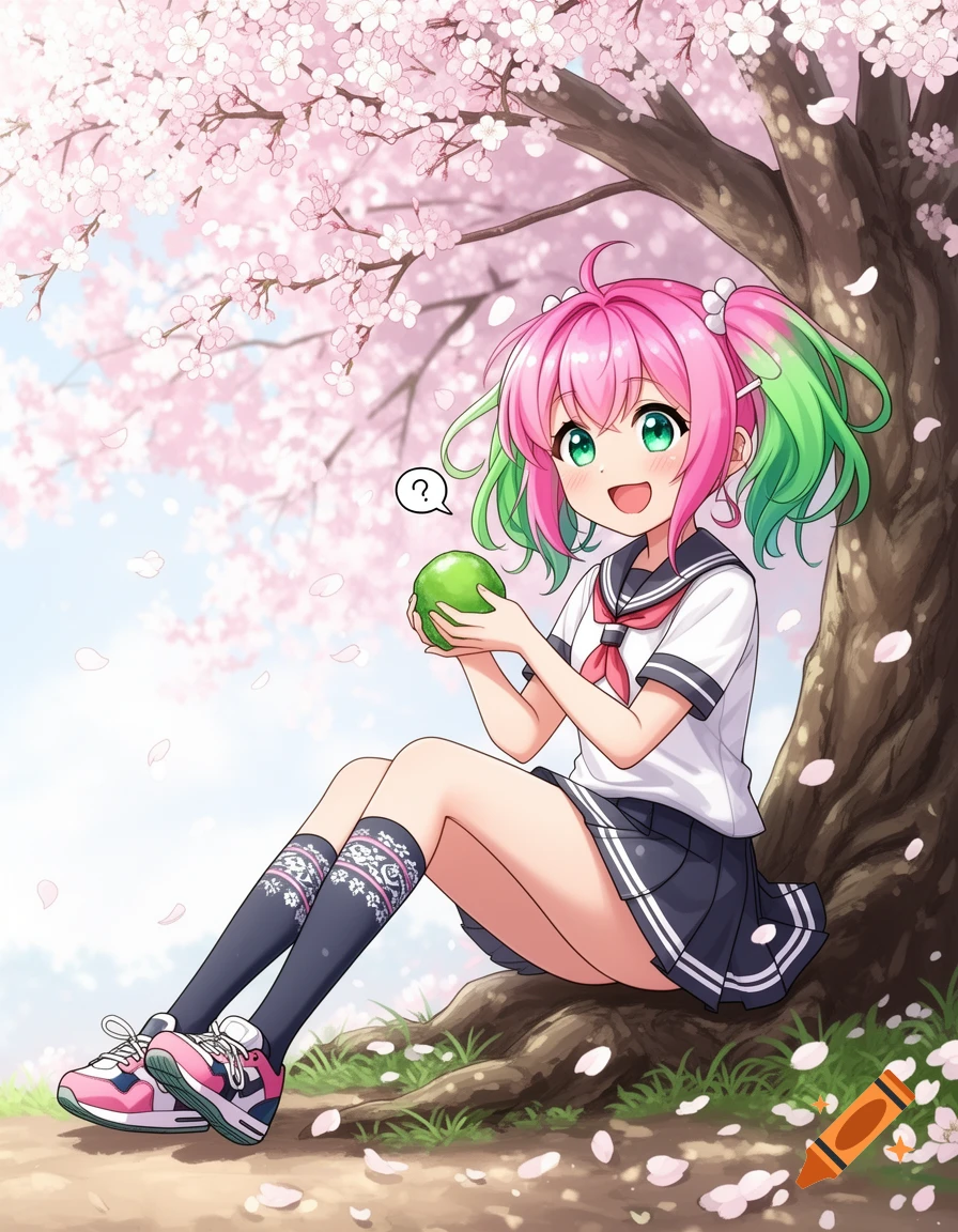Anime girl with pink and green pigtails, wearing a school uniform, holding a green ball and smiling under a cherry blossom tree.