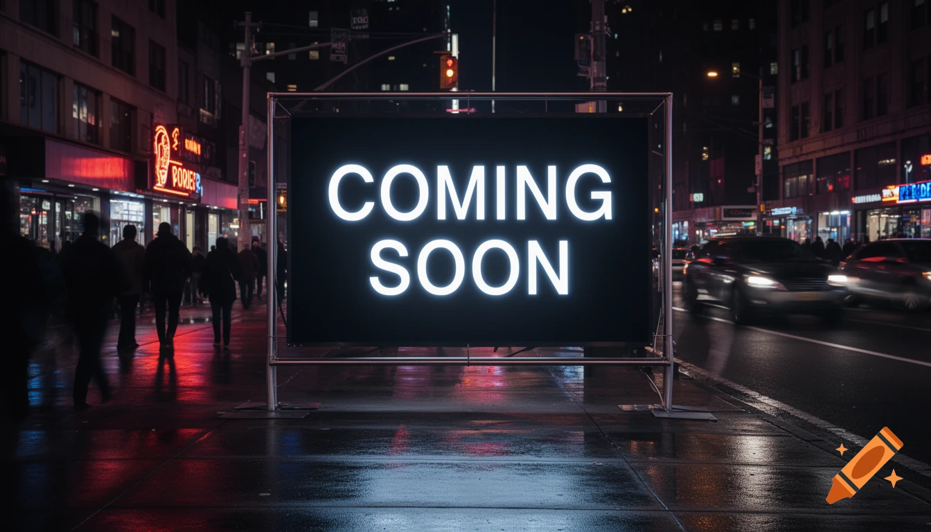 A brightly lit 'COMING SOON' sign on a wet city street at night, with blurred pedestrians and cars.