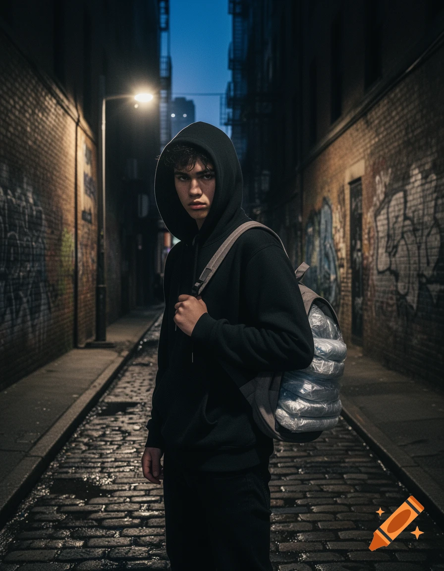 A young man in a black hoodie and backpack stands in a dark, wet cobblestone alley at night, looking intently at the camera.