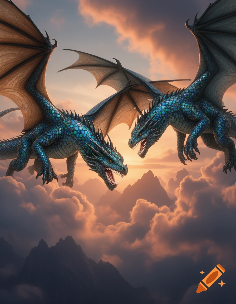 Two blue-green dragons with large wings fly above a cloudy, mountainous landscape during sunset.