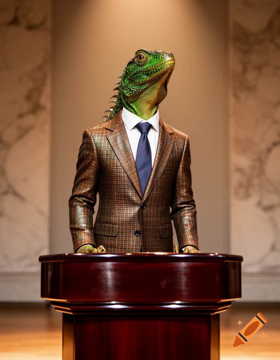 A green lizard's head on a body wearing a brown plaid suit and a blue tie, standing behind a polished wooden podium.