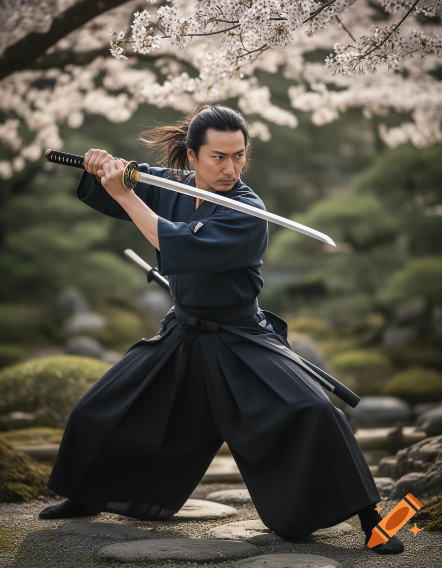 Photorealistic samurai in a dynamic katana pose under cherry blossoms in a Japanese garden.