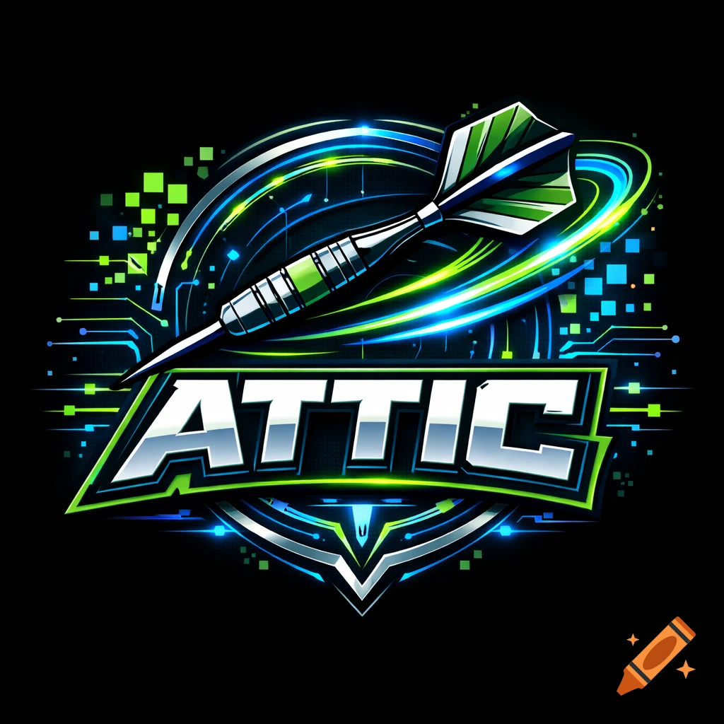 Esports logo for 'ATTIC' with a dart, green and blue neon lines, and circuitry patterns on a black background.