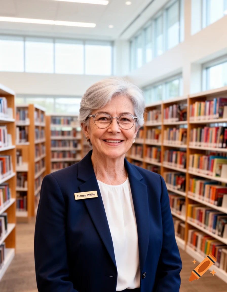A smiling elderly woman with grey hair and glasses in a navy blazer stands in a well-lit library with bookshelves behind her.