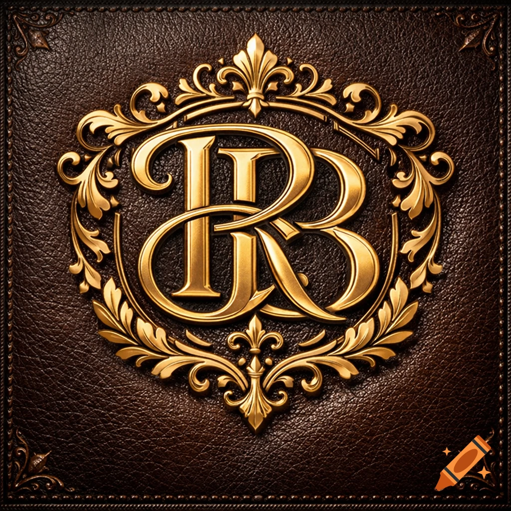 Ornate gold monogram with intertwined letters on a dark brown leather texture in a luxurious, classic style.