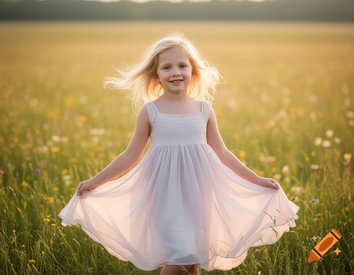 A young blonde girl in a white dress smiles happily in a sunny meadow filled with wildflowers.