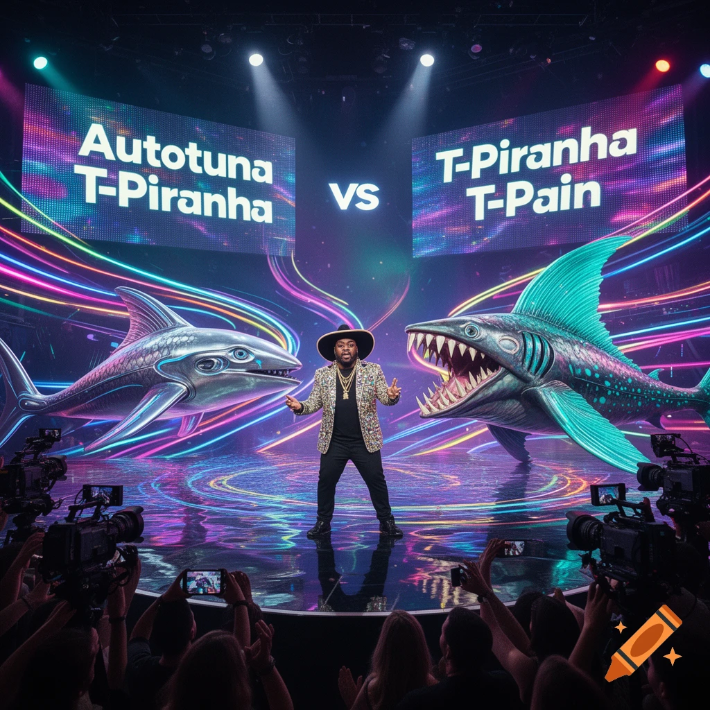 A man on a neon stage with two stylized sharks and screens displaying 'Autotuna T-Piranha VS T-Piranha T-Pain', viewed by a crowd.