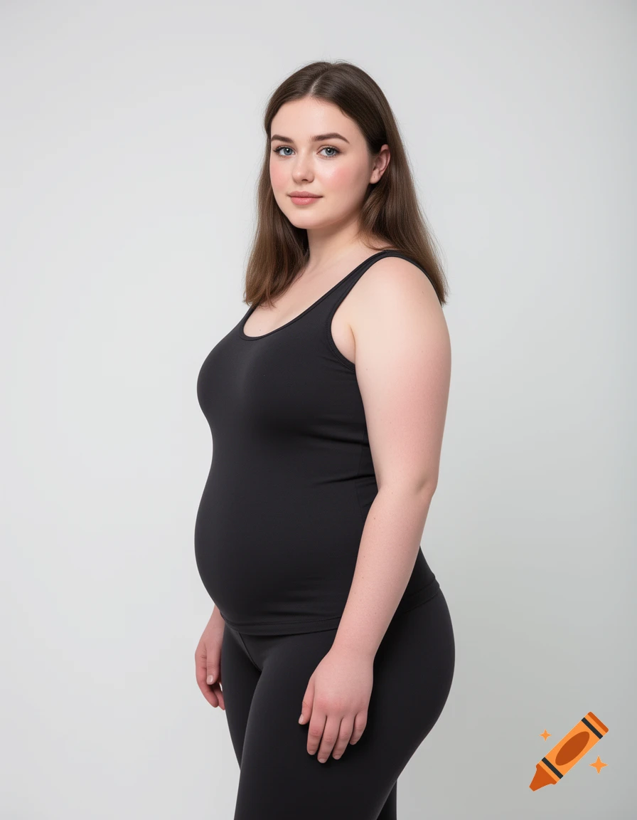 A young woman with long brown hair, wearing a black tank top and leggings, stands with a rounded belly against a light background.