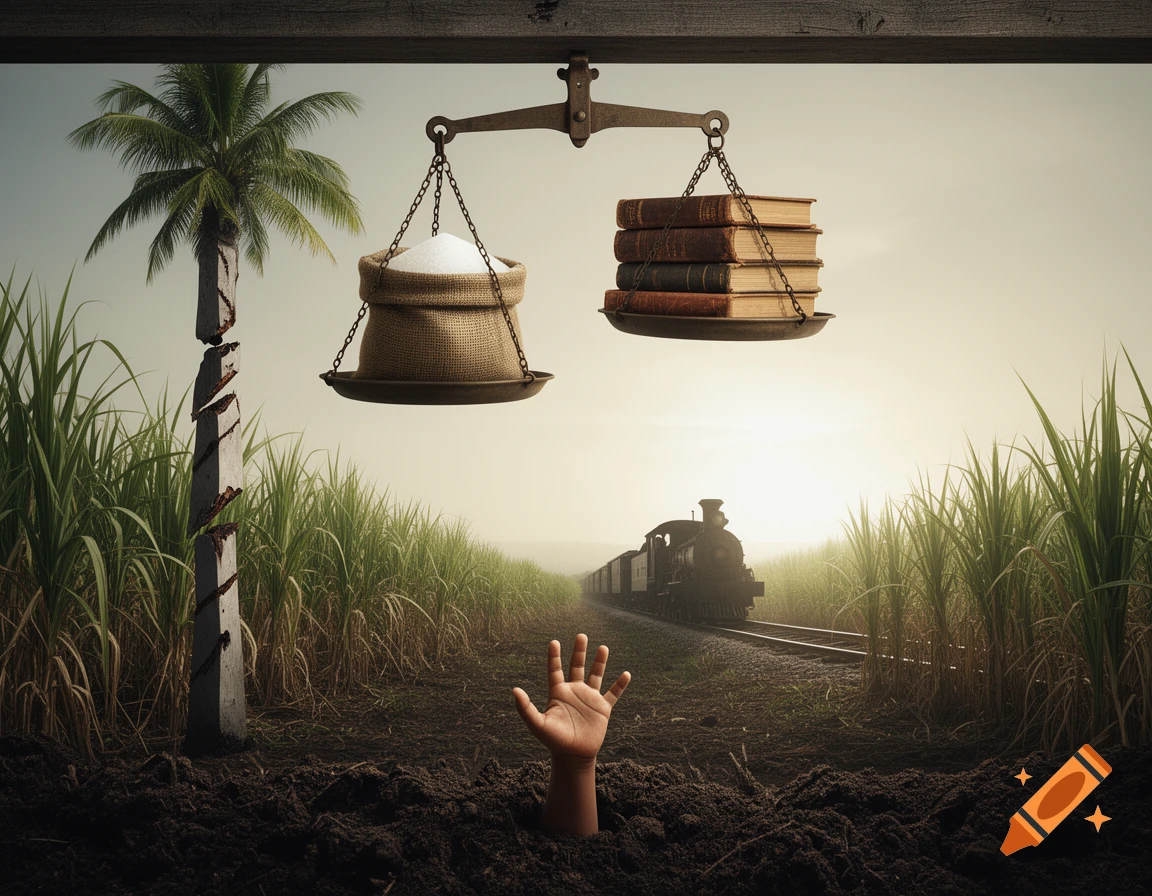 A hand emerges from dark soil in a sugarcane field, below a scale balancing a bag of sugar and books. A broken palm tree stands near railroad tracks with a train in the distance.
