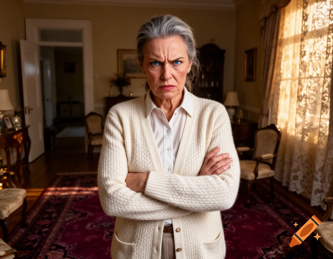 An angry older woman with gray hair stands with crossed arms in a traditionally decorated room.