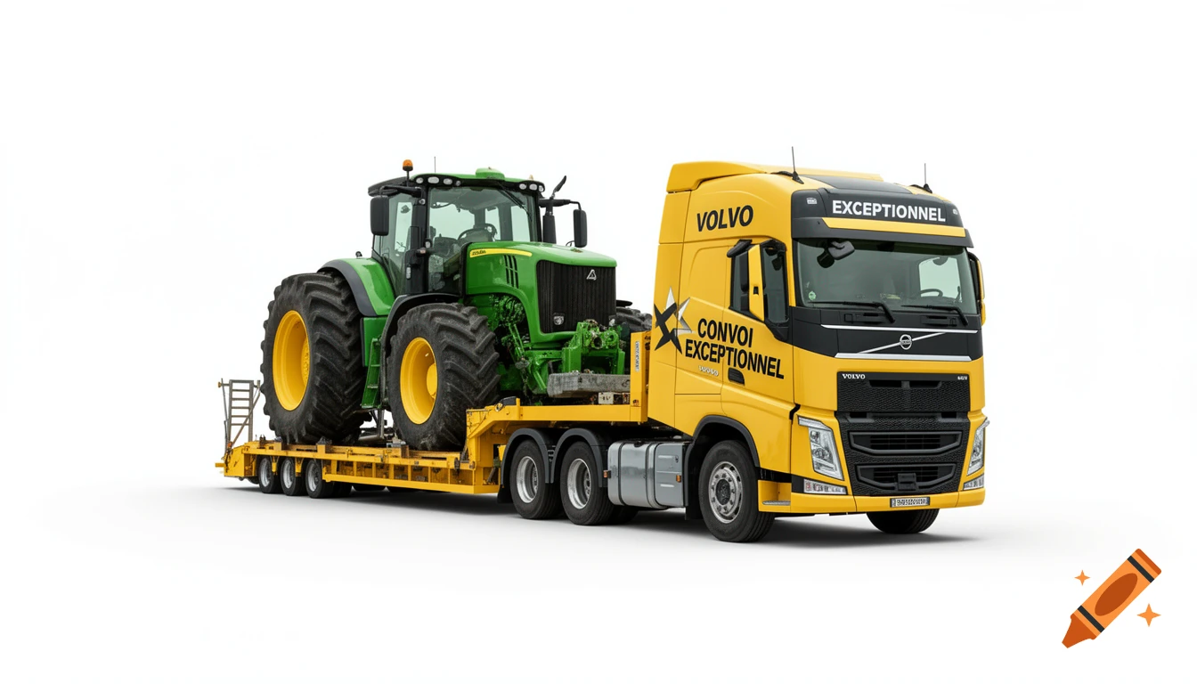 A yellow Volvo heavy-haul truck transports a large green John Deere tractor on a flatbed trailer, isolated on white.