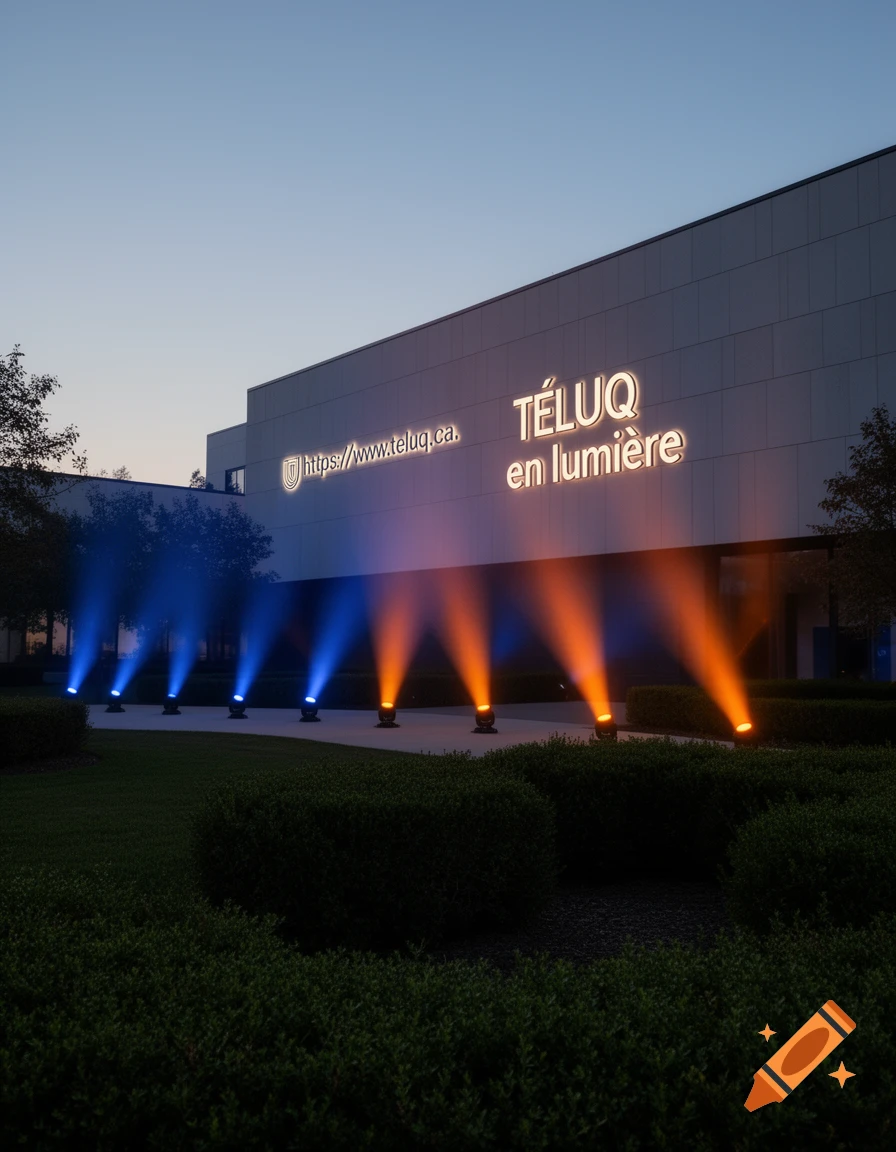 Modern building at dusk, illuminated by blue and orange spotlights, with 'TÉLUQ en lumière' text on its facade.