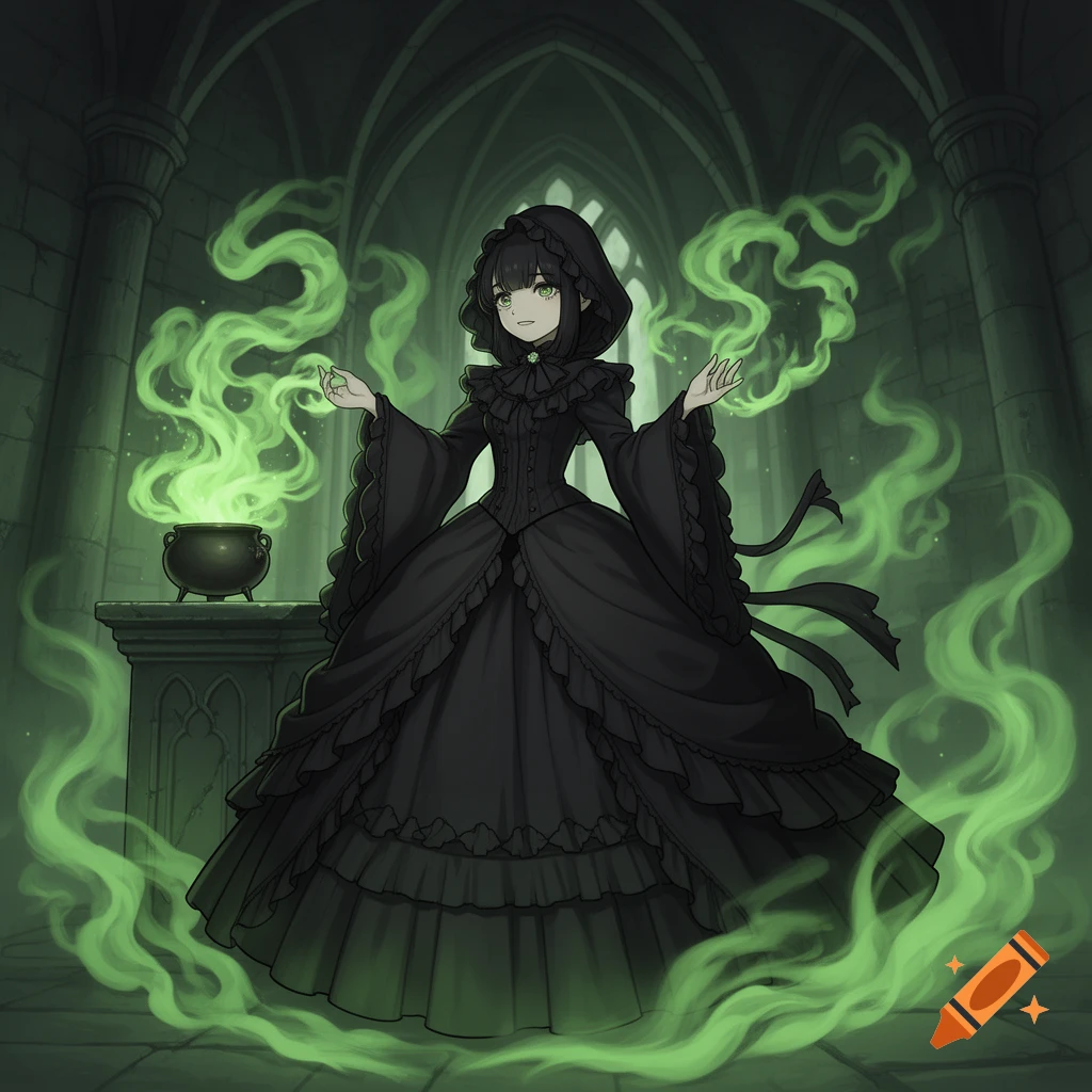 An anime-style character in a black Victorian hooded dress conjuring green smoke from a cauldron in a gothic castle.