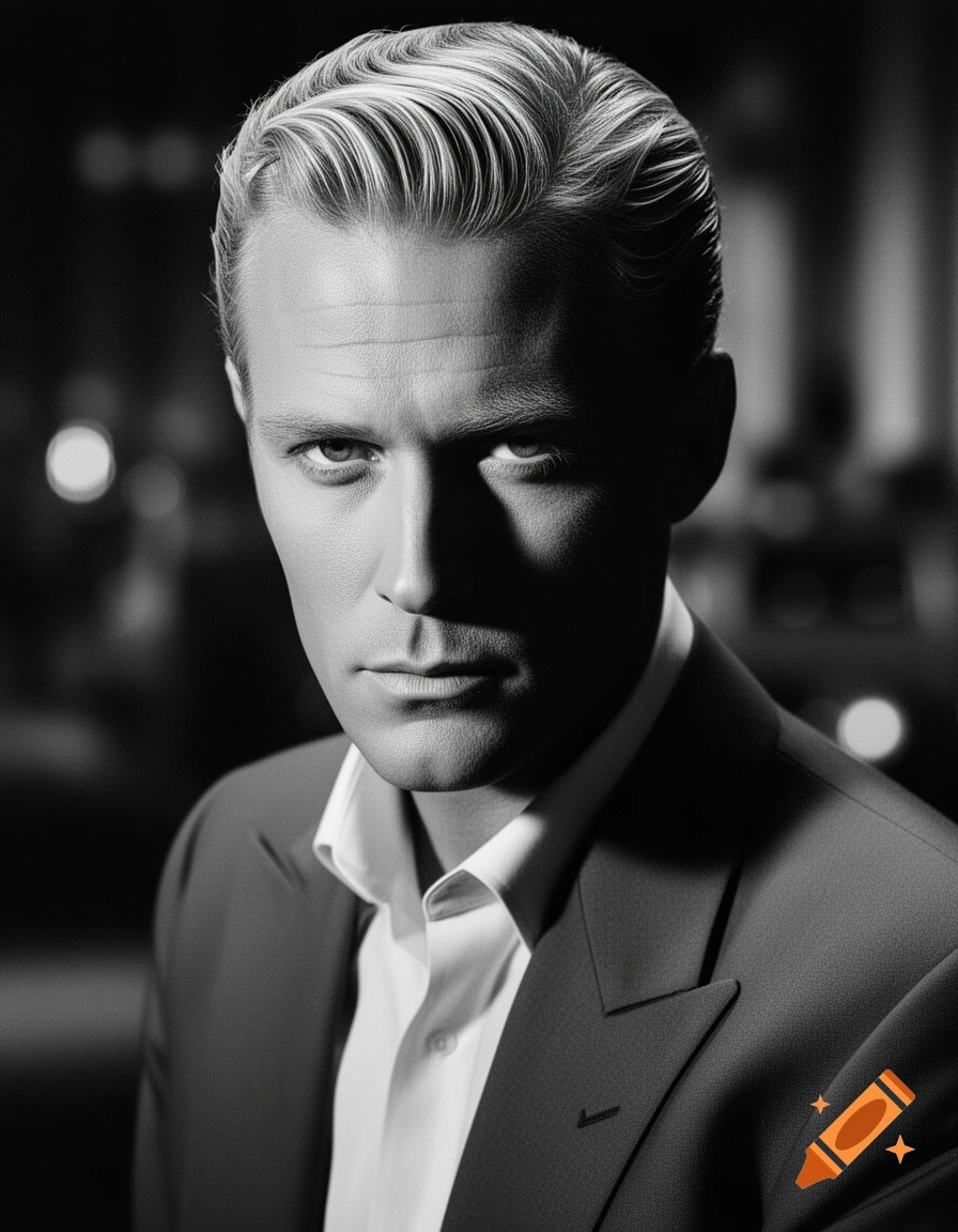 Black and white portrait of a mysterious man with blonde hair and a piercing gaze, in a film noir style.