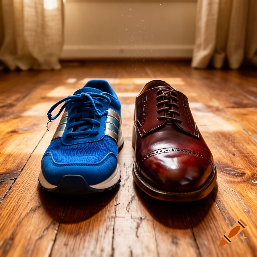 A blue athletic shoe and a brown leather dress shoe stand side by side on a polished wooden floor.