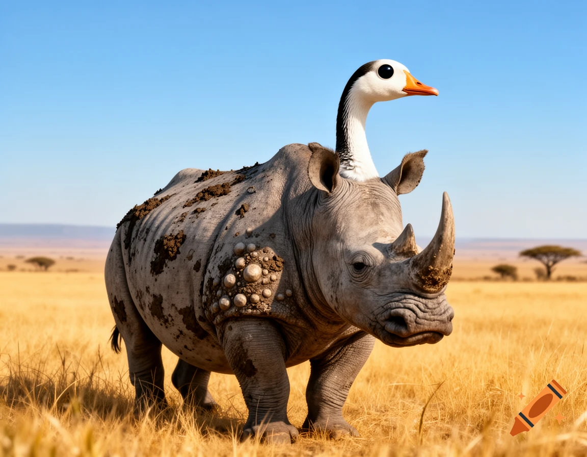 A goose-headed rhino stands in a dry, grassy savanna under a clear blue sky.