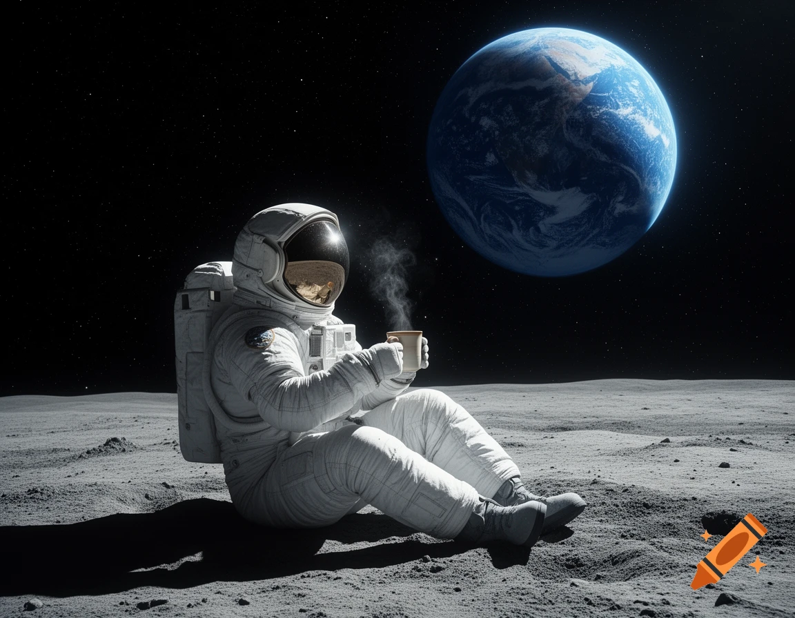 An astronaut sits on the moon's surface, holding a steaming mug of coffee, with the Earth visible in the dark background.