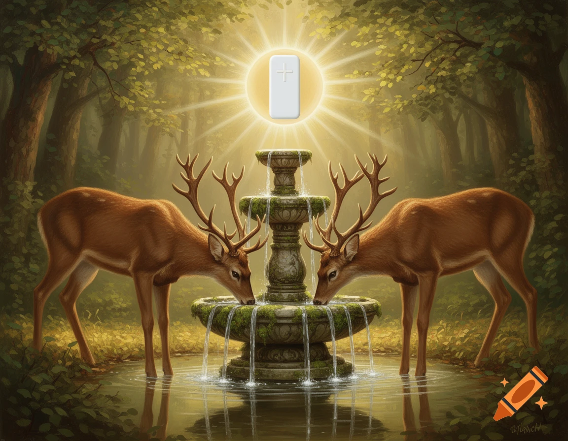 A painted image of two deer drinking from a mossy stone fountain in a forest, beneath a radiant white hostie.