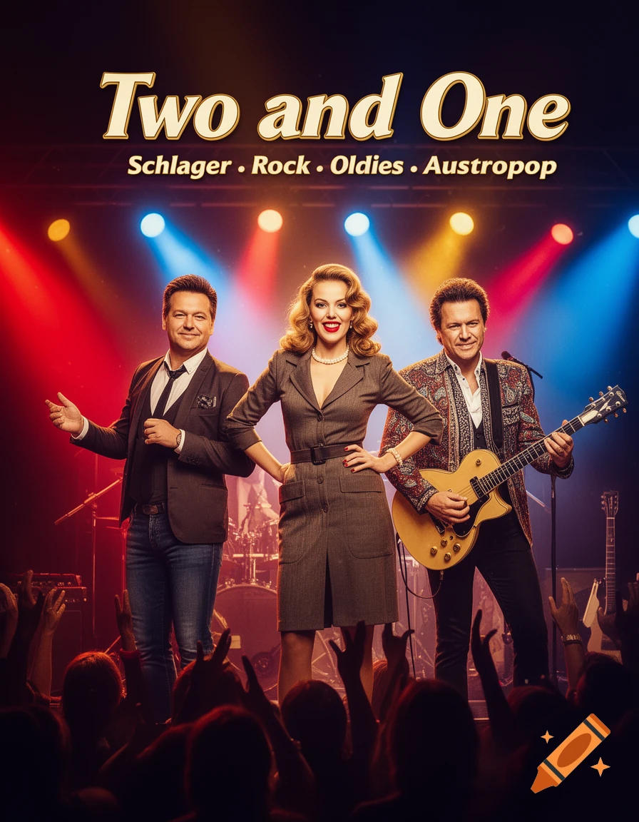 Two men and one woman of the band 'Two and One' perform on stage with colorful lights, genres Schlager, Rock, Oldies, Austropop displayed.