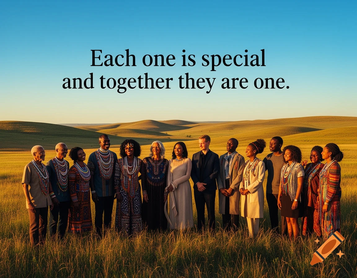 A diverse group of people in varied attire stand in a sunlit grassy field with rolling hills. Text: 'Each one is special and together they are one.'
