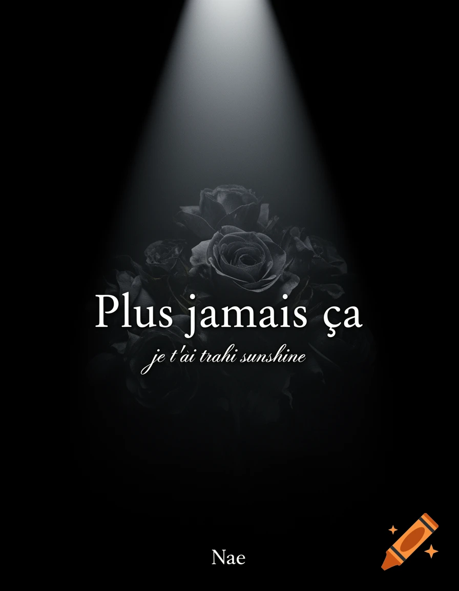 A moody, minimalist book cover with dark roses under a spotlight on a black background, featuring the French title 'Plus jamais ça', subtitle 'je t eloai trahi sunshine', and author 'Nae'.