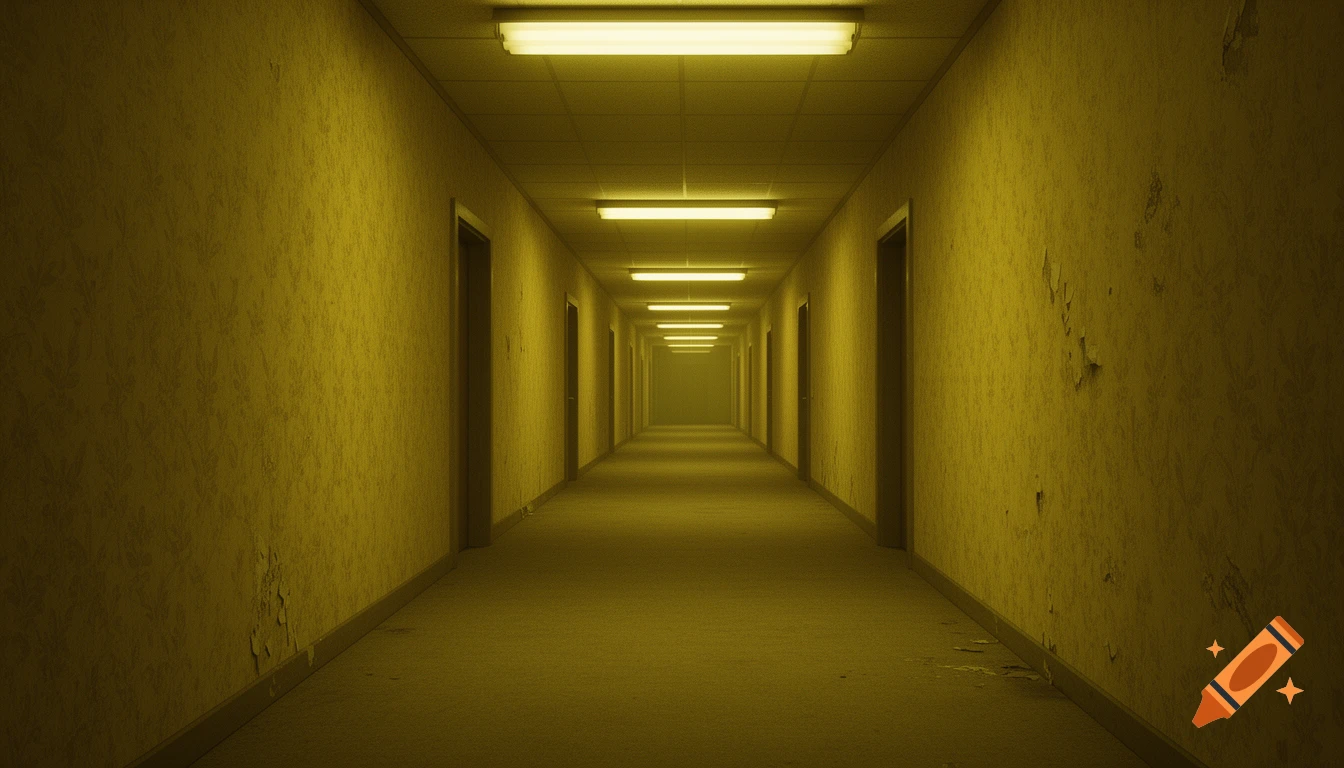 An eerie, infinitely long, yellow-toned hallway with fluorescent lights and peeling wallpaper, characteristic of The Backrooms.