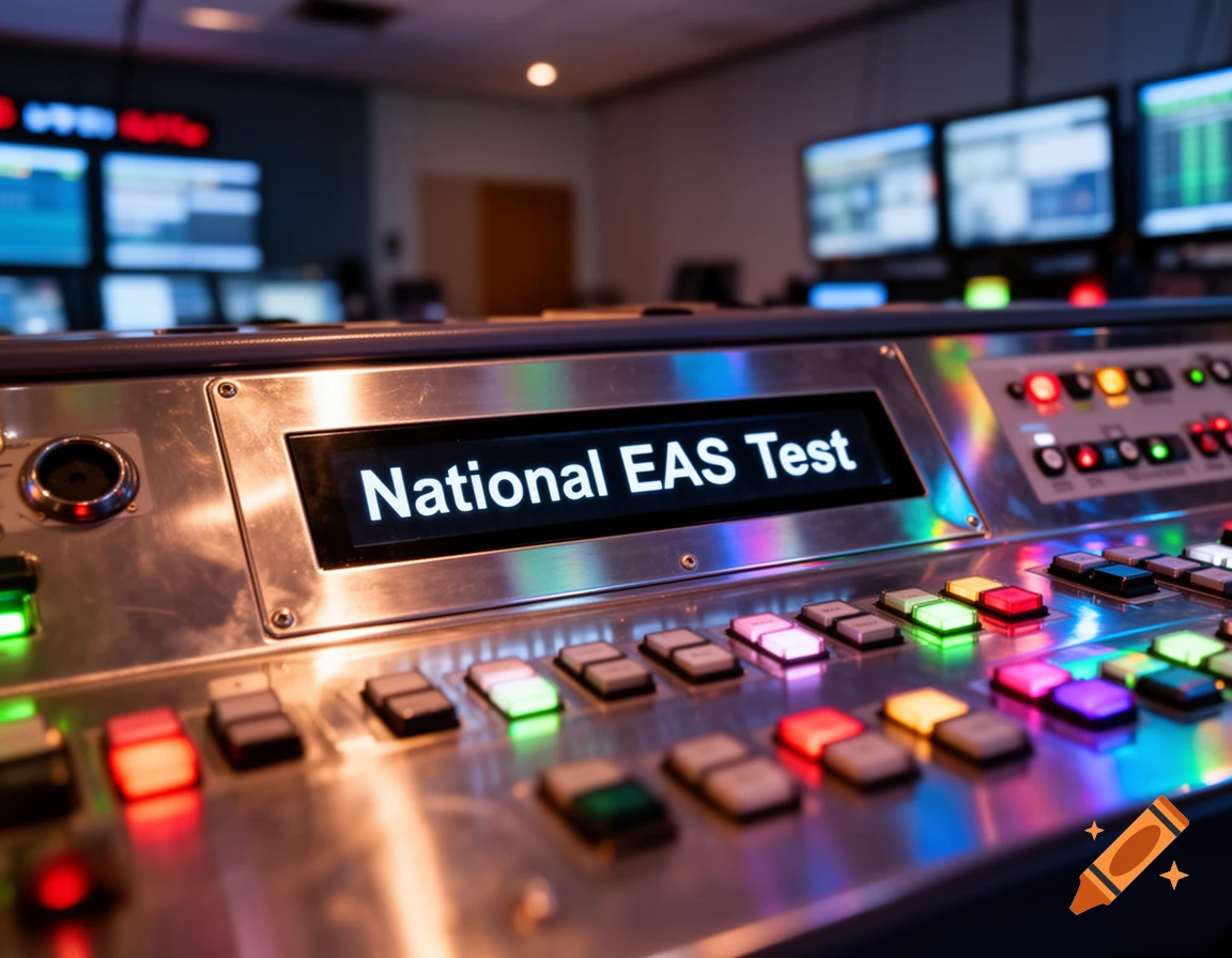 A close-up of a metallic control panel with numerous colorful buttons and a screen displaying 'National EAS Test' in a dimly lit broadcast room.