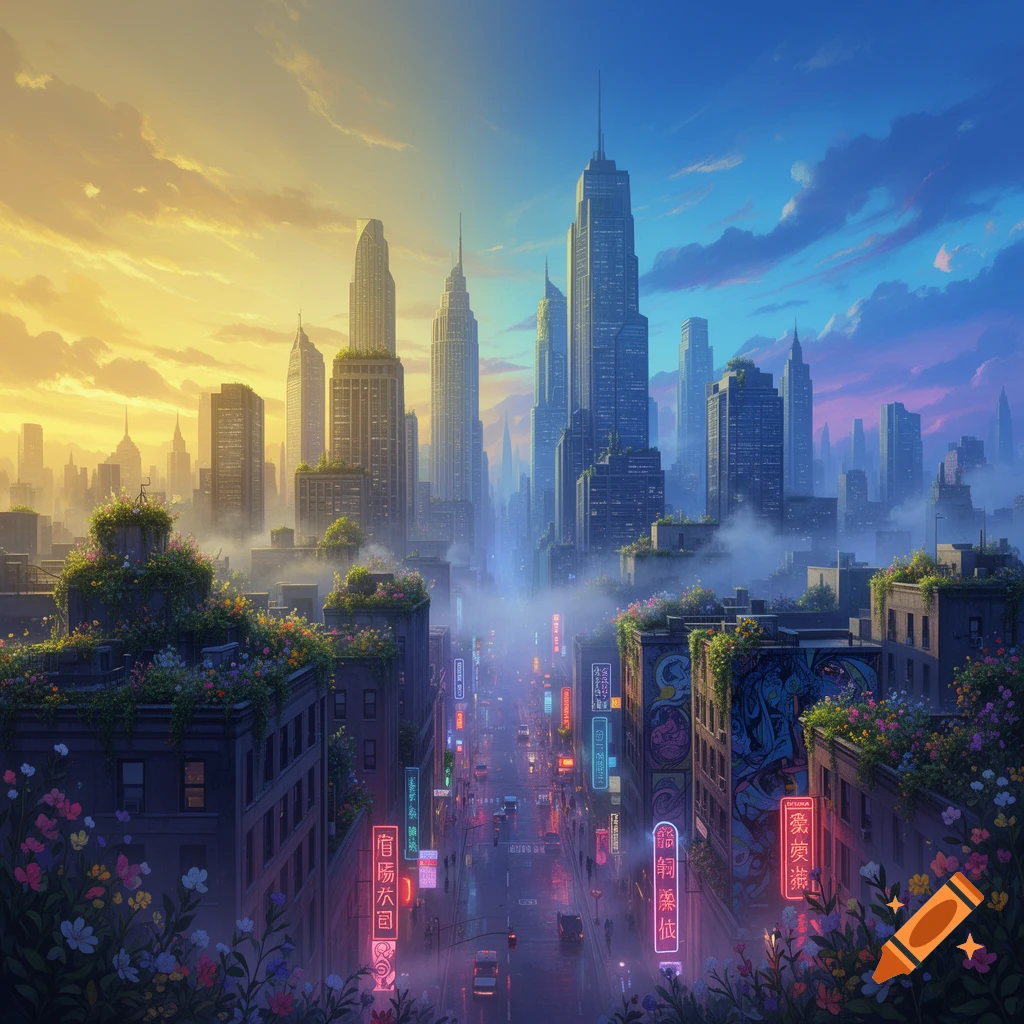 A vibrant, futuristic cityscape with tall skyscrapers and plant-covered ...