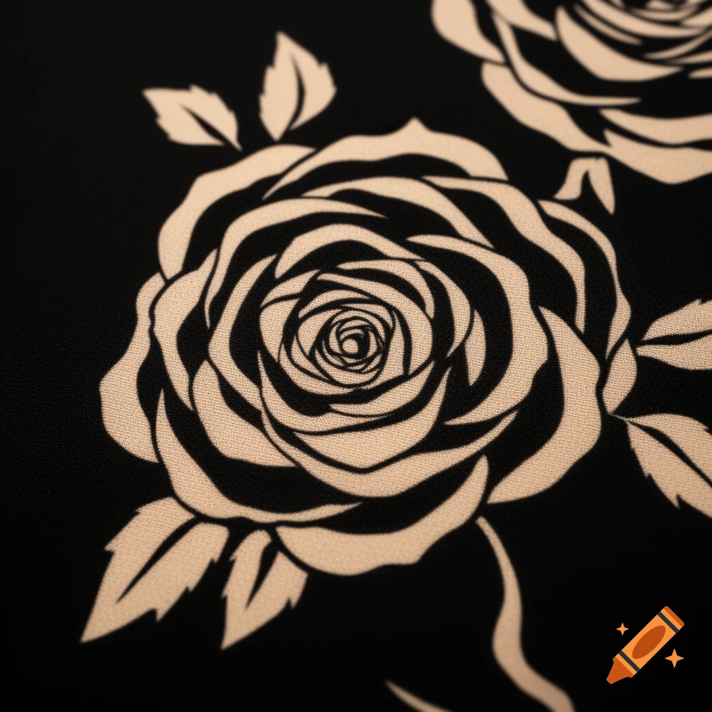 A close-up of a beige rose pattern with leaves on a dark black background.