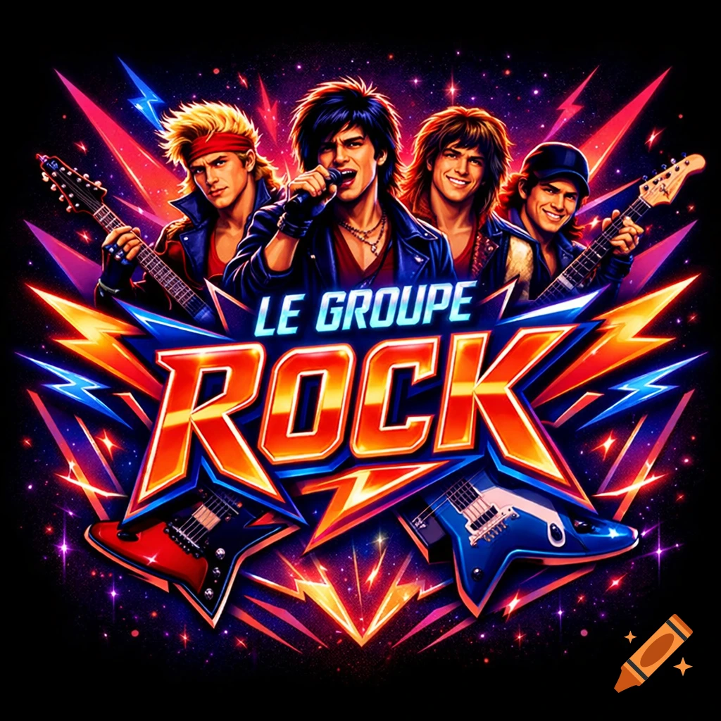 A vibrant 80s-style logo of a four-man rock band with guitars and a microphone, against a background of lightning and stars, with "LE GROUPE ROCK" text.