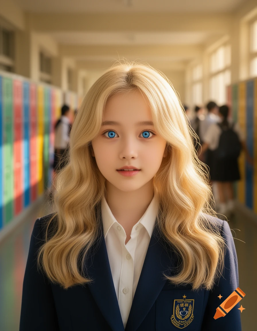 Photorealistic portrait of a blonde schoolgirl with striking blue eyes, wearing a dark blue blazer over a white shirt, in a sunny school hallway.