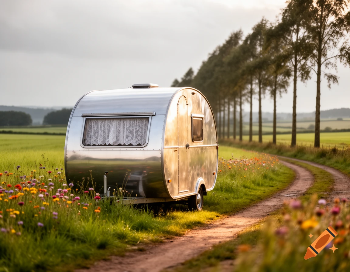 A shiny silver caravan sits on a dirt path next to a field of colorful wildflowers, with tall trees lining the path under a soft sky.