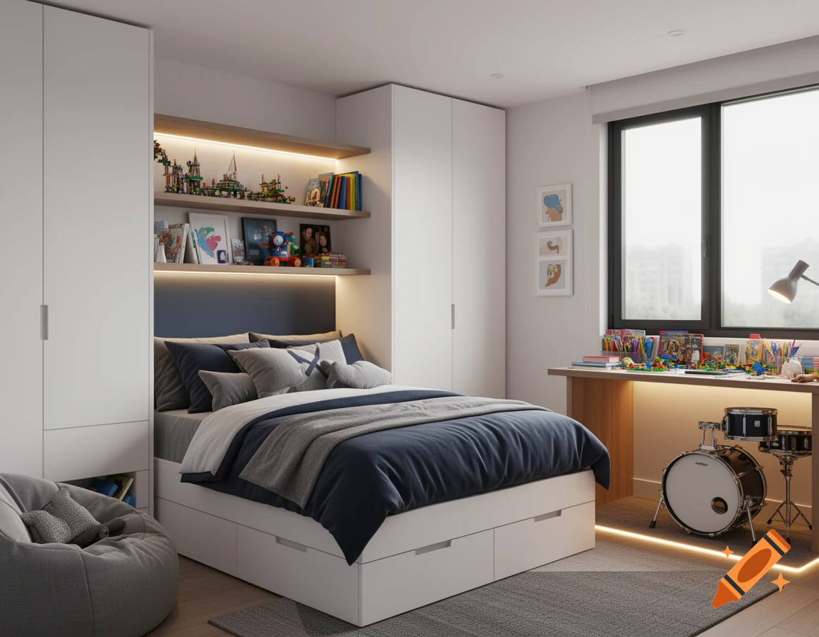 A modern, cozy bedroom for a ten-year-old boy, featuring a bed with drawers, white wardrobes, shelves with Lego models and books, a desk by the window with art supplies, a drum kit, and a beanbag chair. Warm LED lighting accents the room.