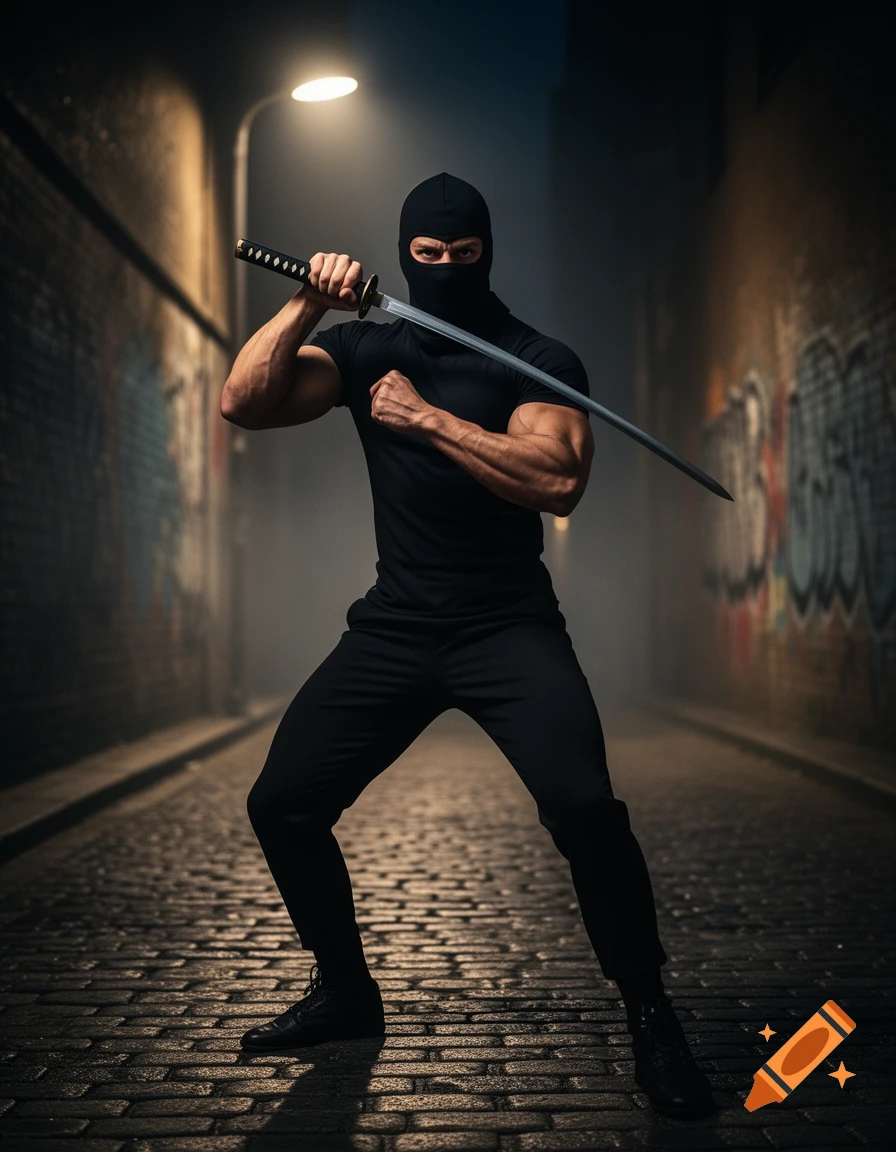 A muscular ninja in a black outfit and balaclava stands in a dark urban alleyway, holding a katana, in a photorealistic style.