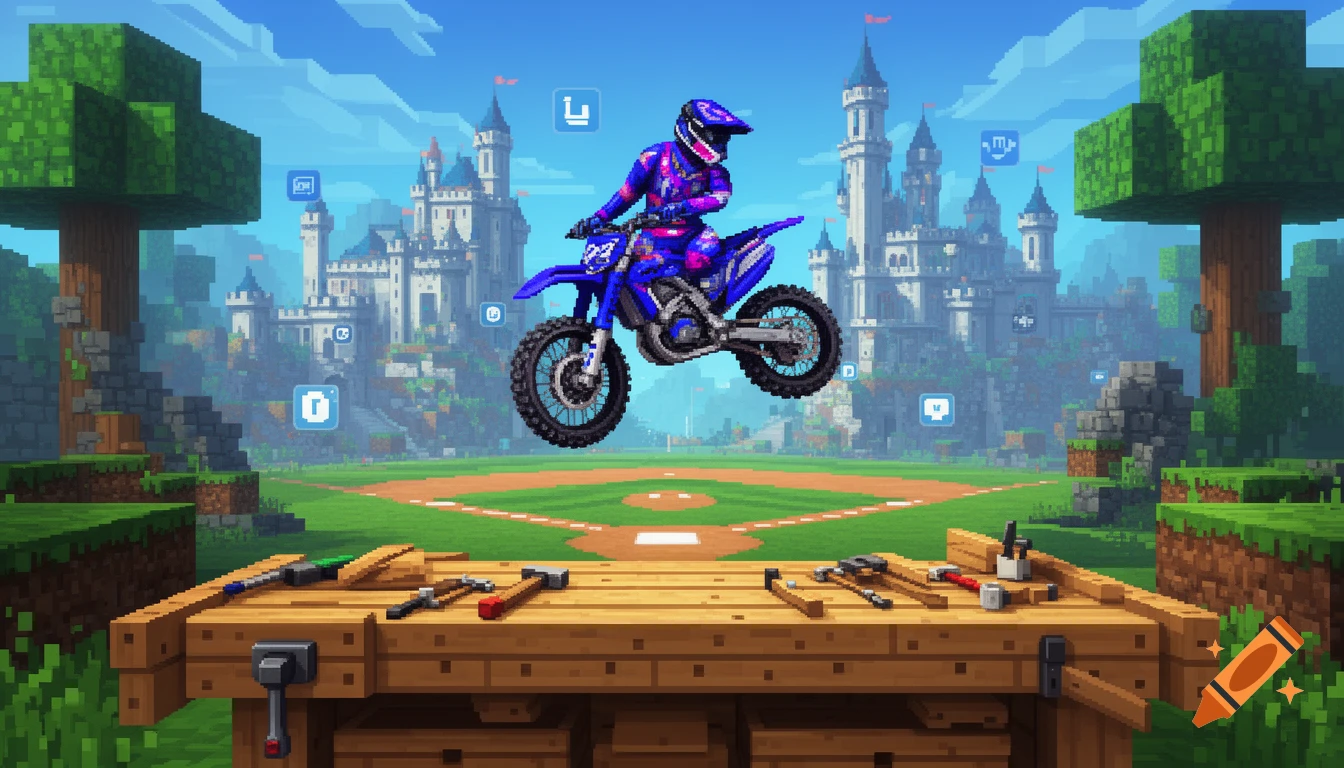 A pixel art scene with a motocross rider in mid-air over a baseball field, a workbench in the foreground, and a large castle in the background.