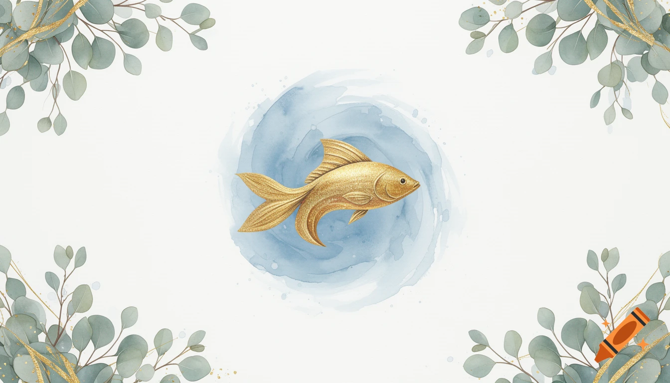 Watercolor illustration of a golden fish in a blue swirl, framed by eucalyptus branches with gold accents.