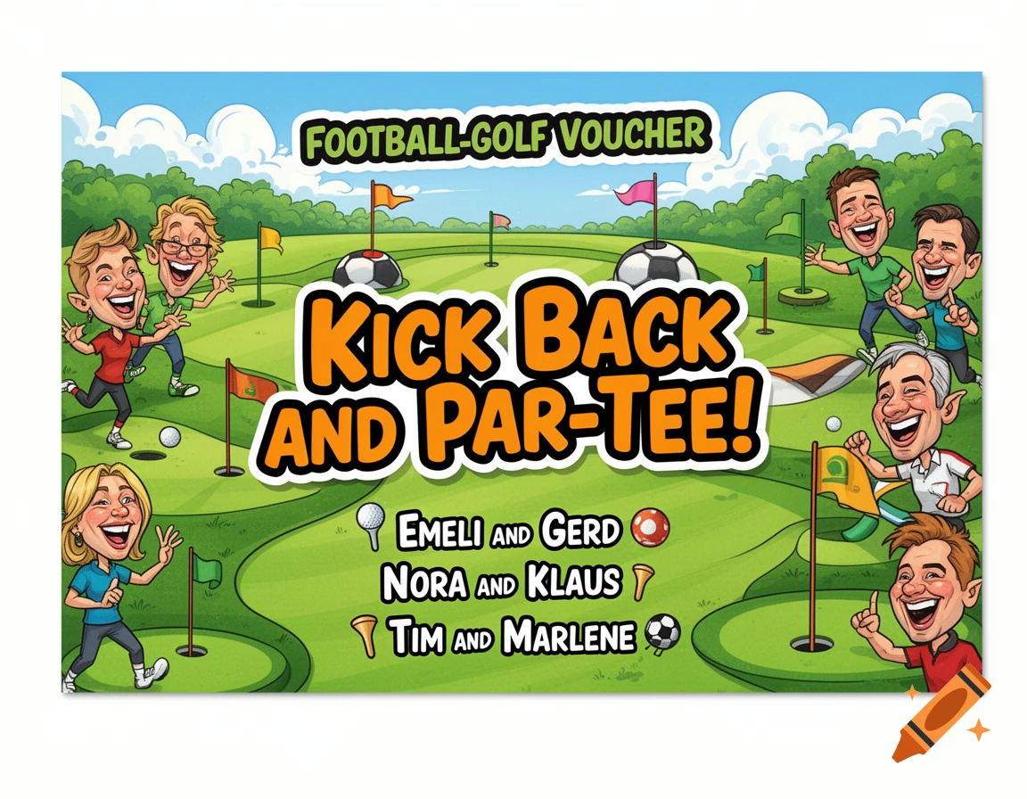 Cartoon illustration of a vibrant football-golf voucher with happy people on a course, text reads "FOOTBALL-GOLF VOUCHER" and "KICK BACK AND PAR-TEE!" with names.