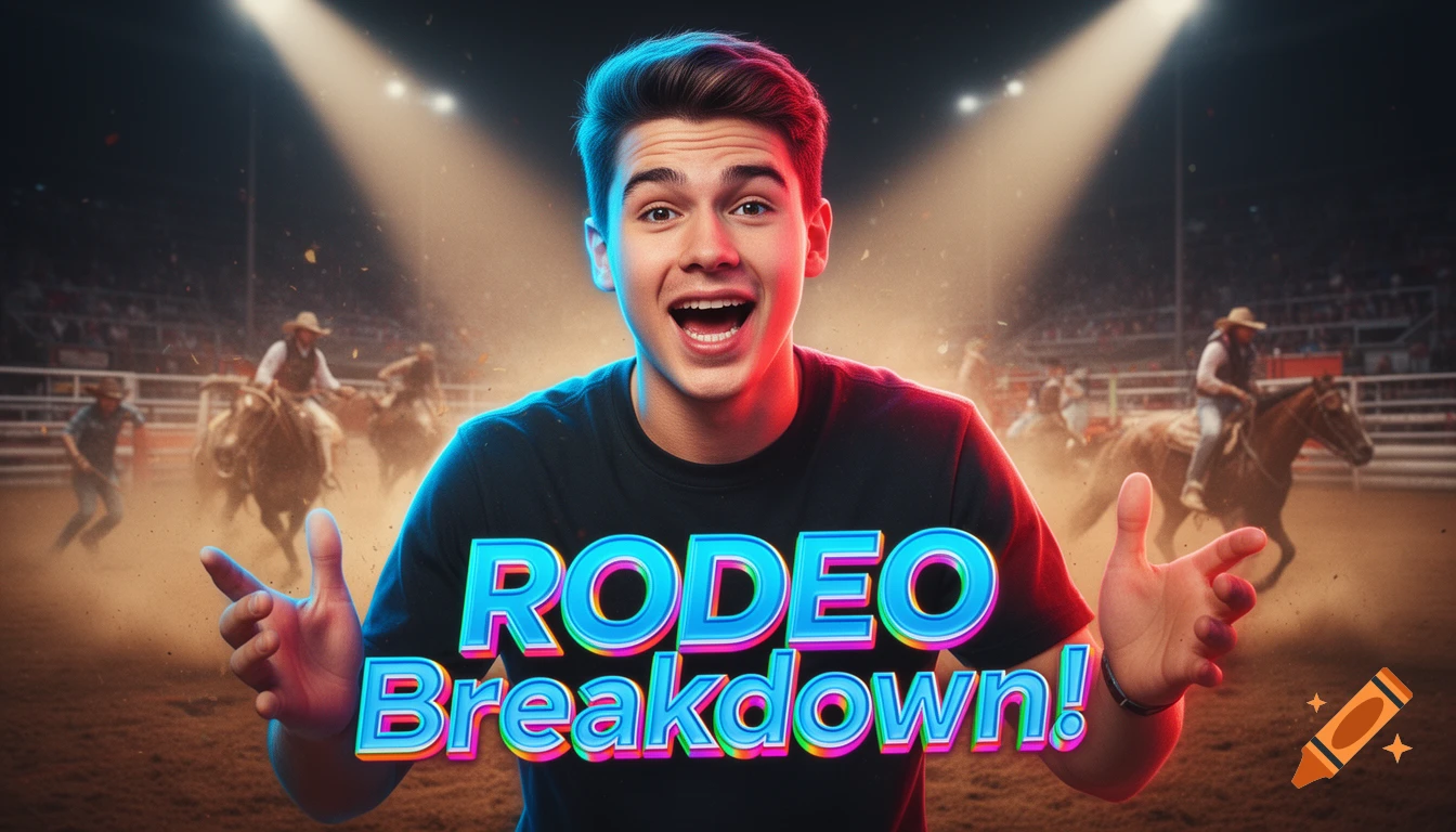 A young man with an open mouth and wide eyes excitedly gestures in front of a blurred rodeo arena, with text 'RODEO Breakdown!' overlayed.