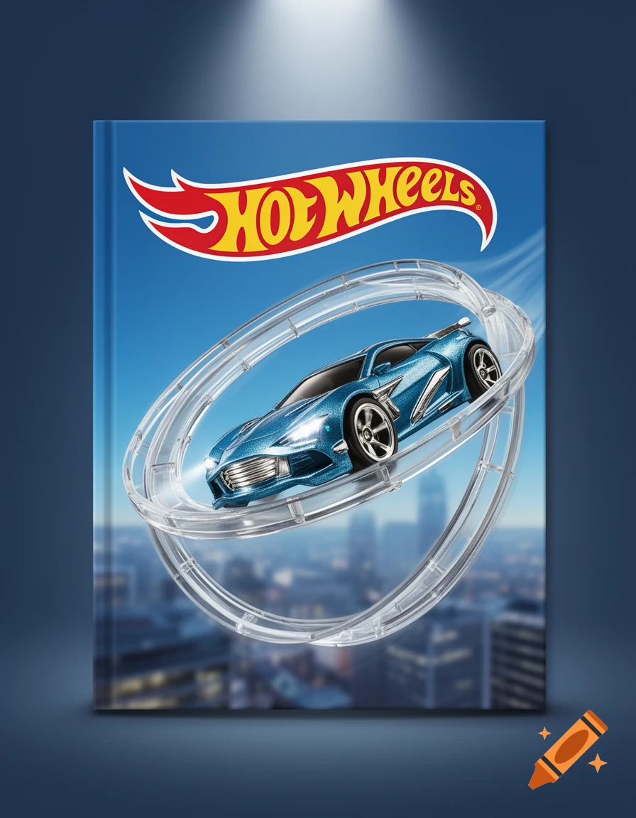 A Hot Wheels book cover features a blue metallic toy car on a transparent track loop, against a city skyline under a blue sky.