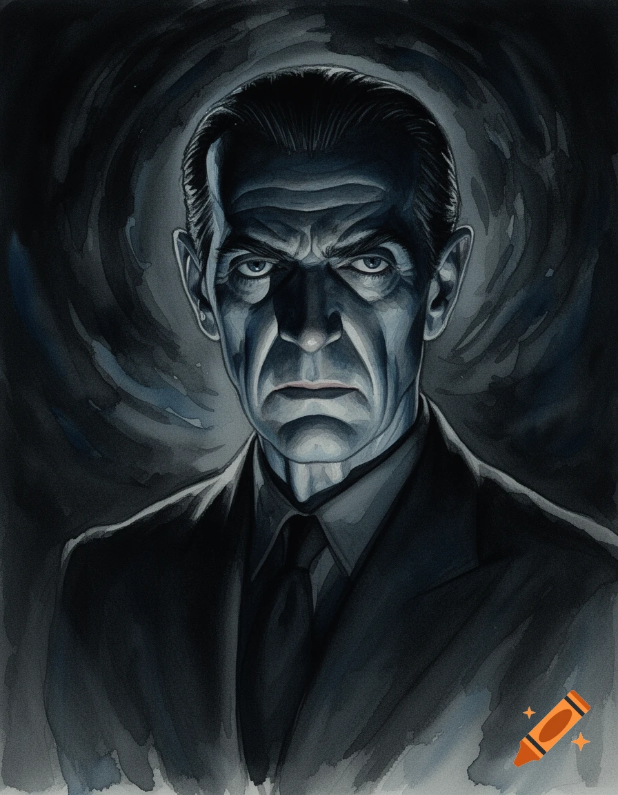 Watercolor portrait of Boris Karloff with a stern face, dramatic shadows, and a dark, swirling background.