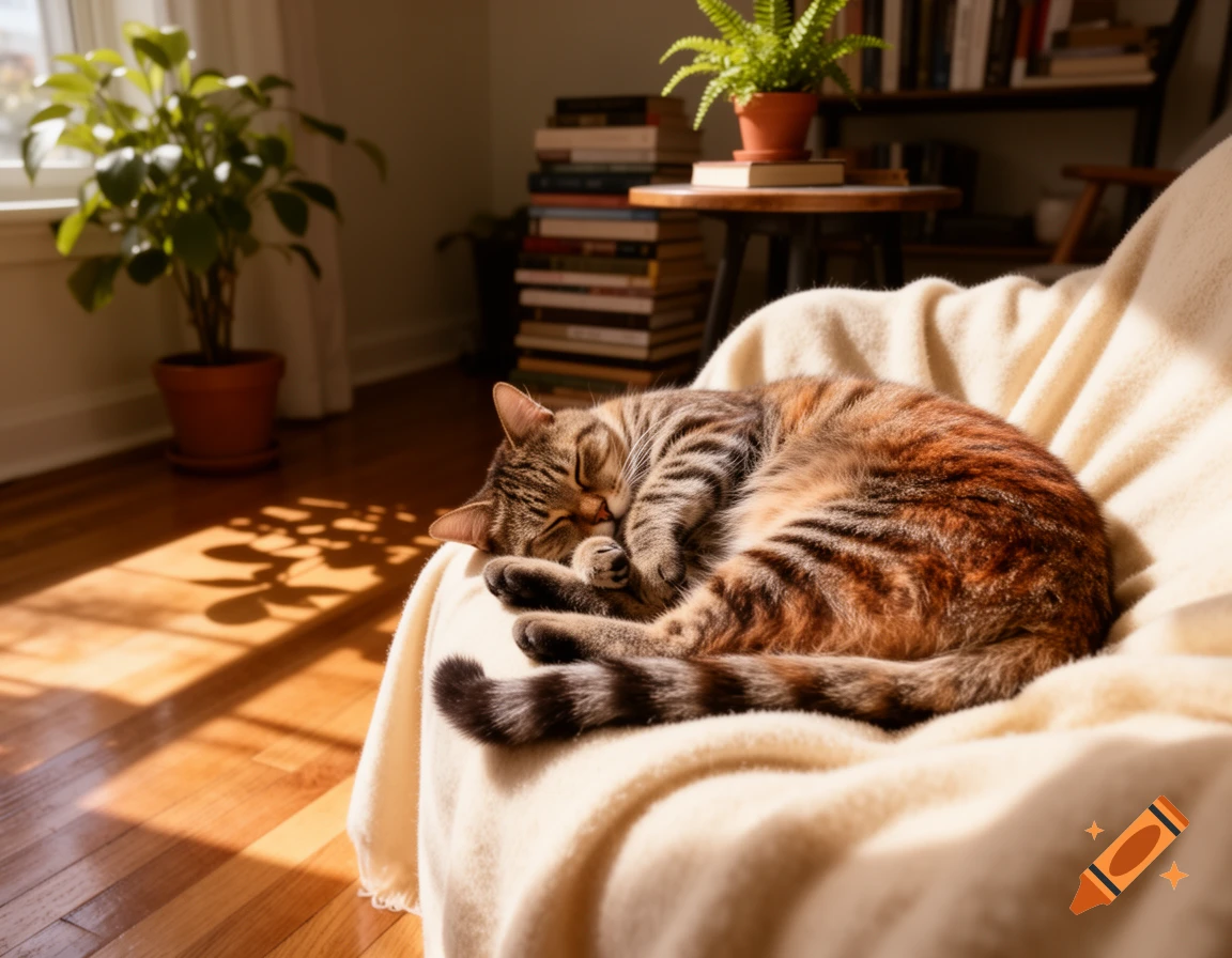 A tabby cat curled up, sleeping peacefully on a cream blanket draped over a chair, bathed in warm sunlight.