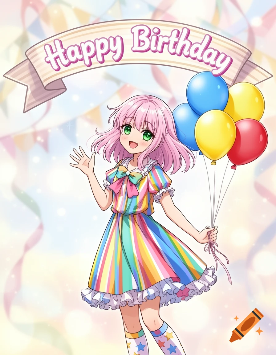 Anime girl with pink hair, colorful striped dress, and star socks waves, holding balloons under a 'Happy Birthday' banner.