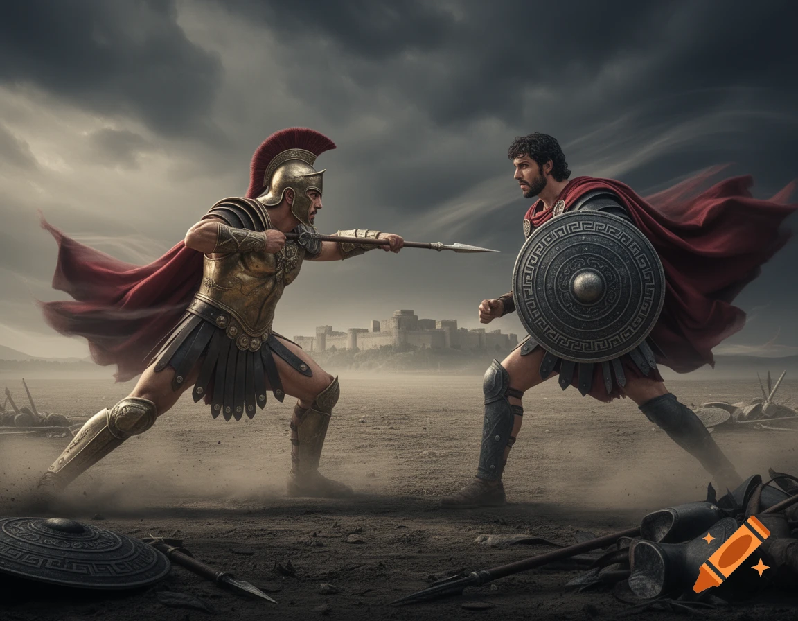 Two photorealistic ancient warriors, one with a spear, the other with a shield, in combat on a dusty battlefield under a cloudy sky.
