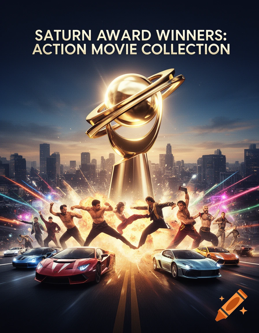A vibrant poster featuring a golden Saturn Award trophy, dynamic men in action poses, sports cars, explosions, and a city skyline.