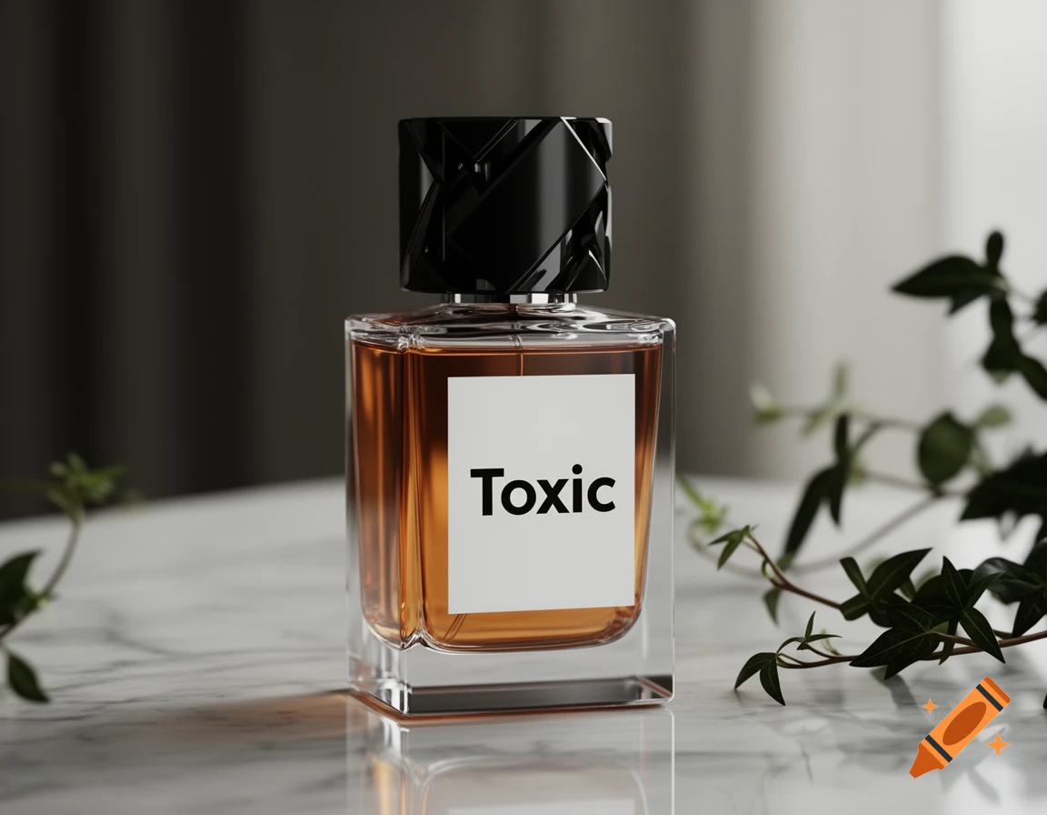 Photorealistic image of a perfume bottle with amber liquid and a black faceted cap, labeled 'Toxic', on a marble surface with green ivy.