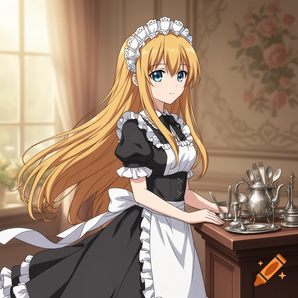 Anime girl with long blonde hair and blue eyes in a black and white maid dress, standing next to a table with silver serving ware.