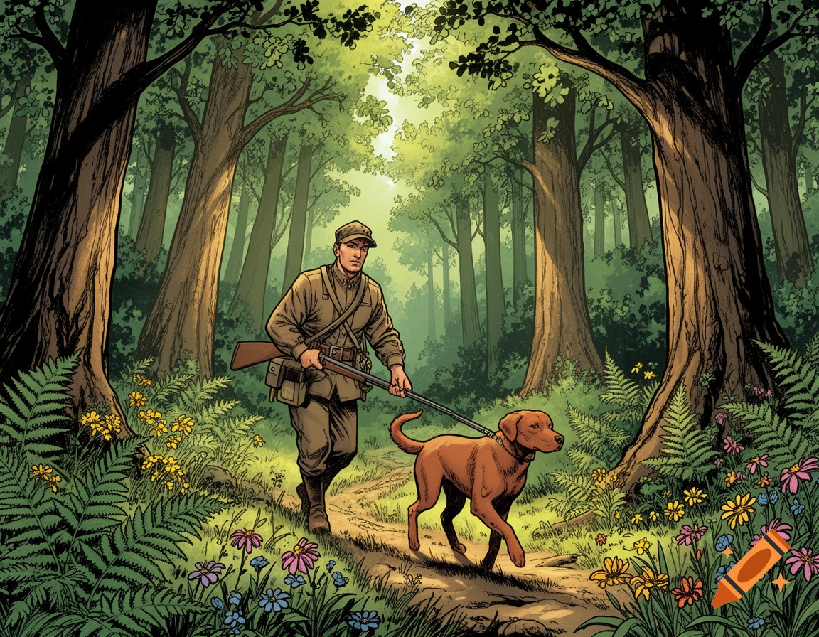 A comic-style illustration of a hunter walking through a vibrant forest with his brown dog on a leash, surrounded by colorful wildflowers.