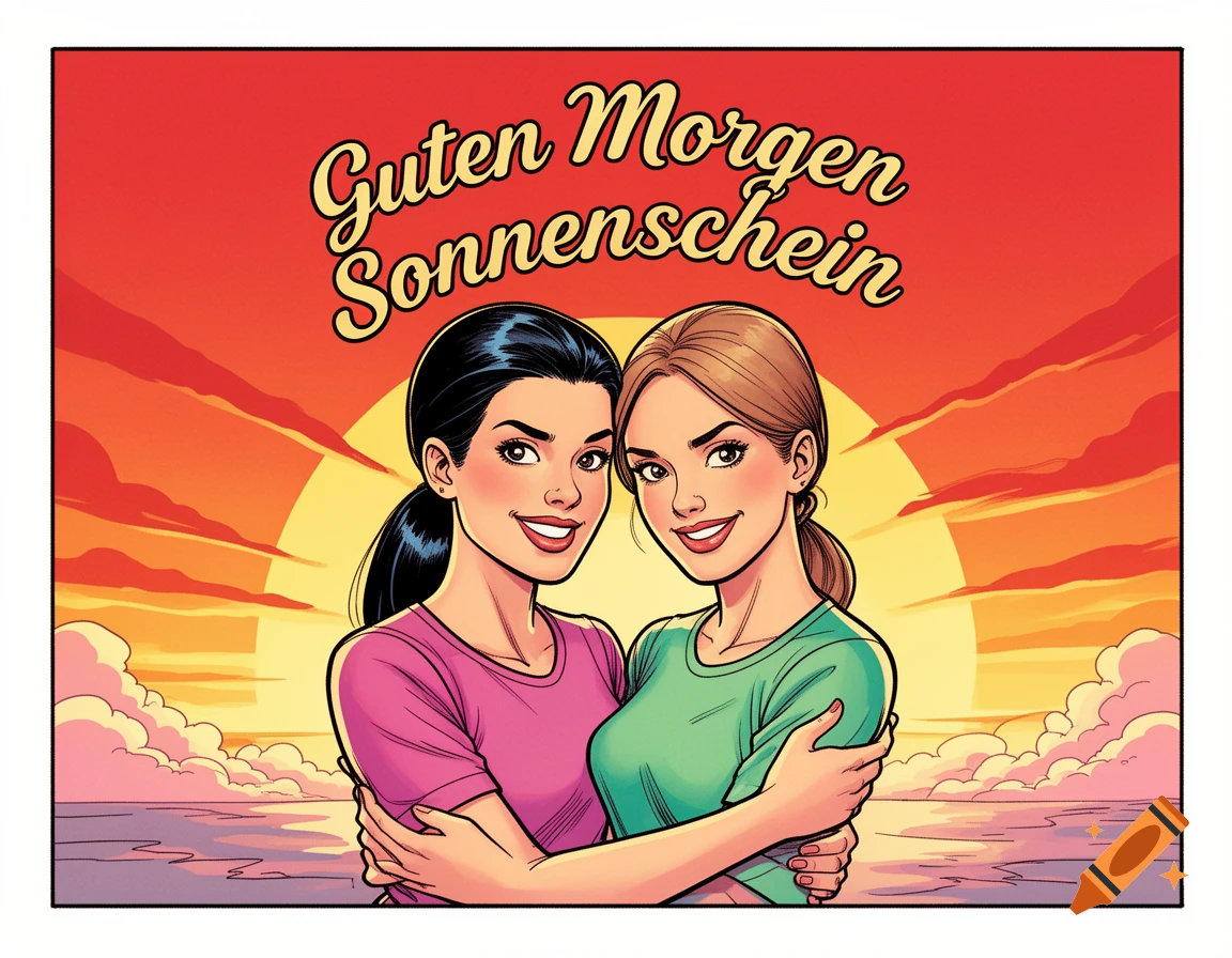 Two comic-style women embrace, smiling against a vibrant sunrise backdrop with "Guten Morgen Sonnenschein" text.