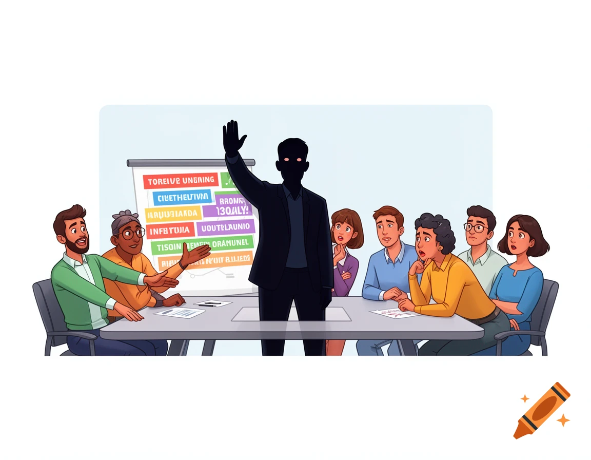 A diverse group of cartoon people in a meeting, with a silhouetted figure raising a hand in disagreement in front of a colorful chart.